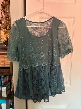 Free People Teal Lace Peplum Blouse